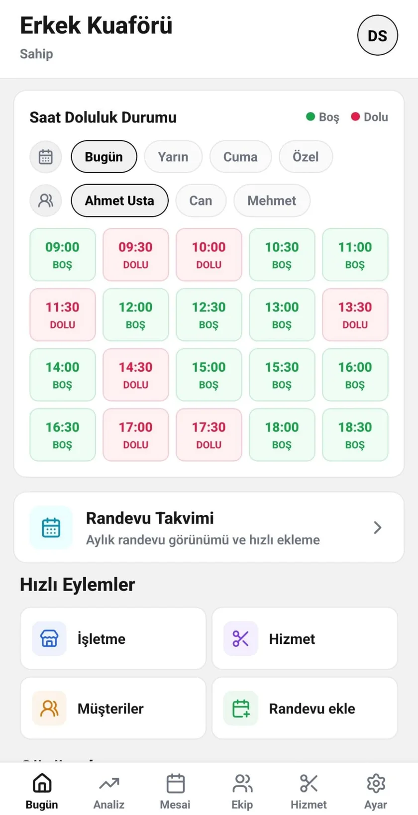 Randevu Portalım İşletme uygulamasının saat doluluk ve hızlı işlemler ekranı
